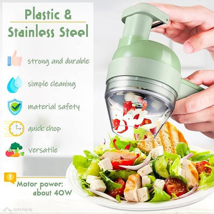 4-in-1 Portable Electric Vegetable Cutter Set | Wireless Mini Food Processor & Chopper | Stainless Steel Blades | For Garlic, Onion, Chili, Ginger, Meat & More