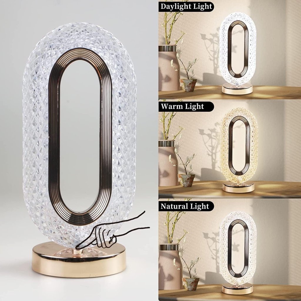 Oval Crystal Lamp – 3-Way Touch Dimmable LED Table Lamp | Gold Acrylic Diamond Light for Home Décor, Bedroom, Living Room & Gifting
