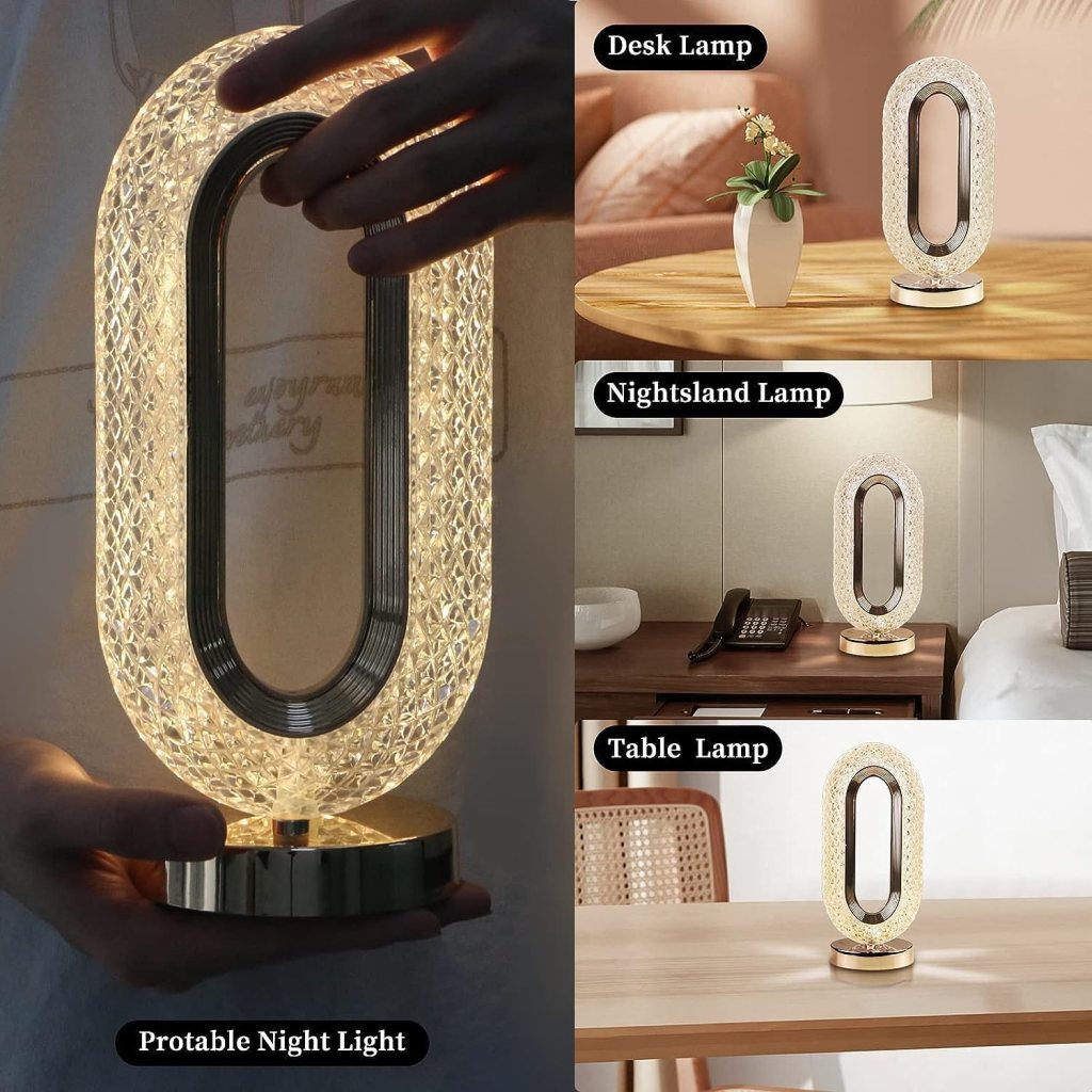 Oval Crystal Lamp – 3-Way Touch Dimmable LED Table Lamp | Gold Acrylic Diamond Light for Home Décor, Bedroom, Living Room & Gifting